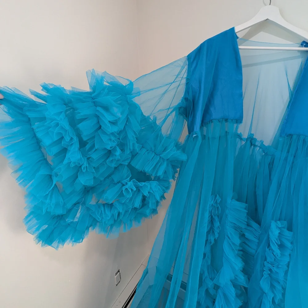 Maternity Vibrant Turquoise Sheer Ruffle Maxi Robe - Picture 2 of 6